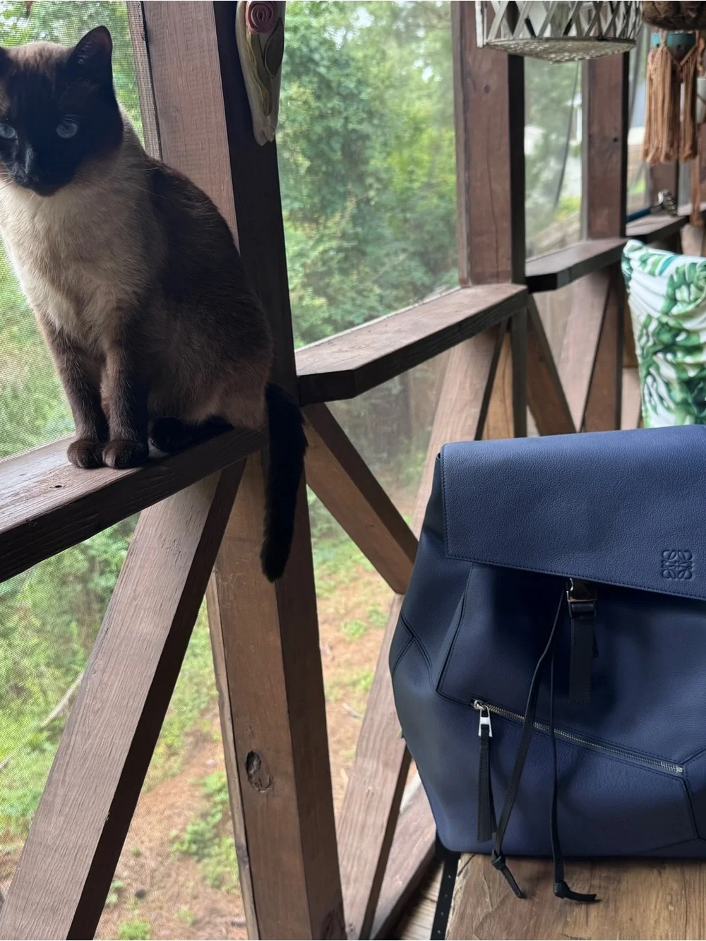 Loewe Navy Pebbled Leather Drawstring Backpack with Black Straps